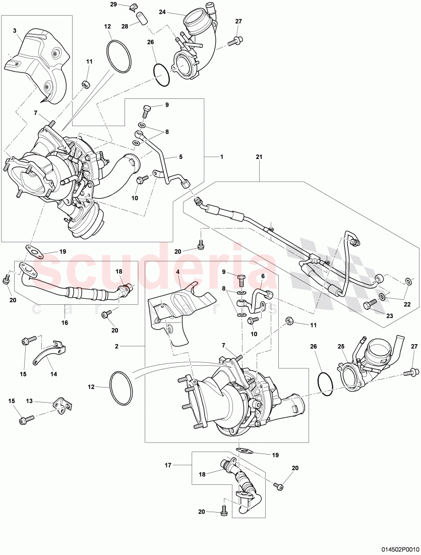 Exhaust gas turbocharger, oil return line, oil pressure line, F 3W-5-028 805>>, D >> - MJ 2007 of Bentley Bentley Continental GT (2003-2010)