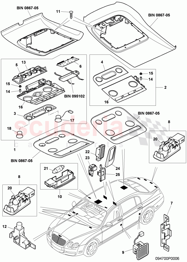 interior light, F 3W-9-057 480>> 3W-B-070 435, F ZA-A-062 464>> ZA-B-070 435 of Bentley Bentley Continental Flying Spur (2006-2012)