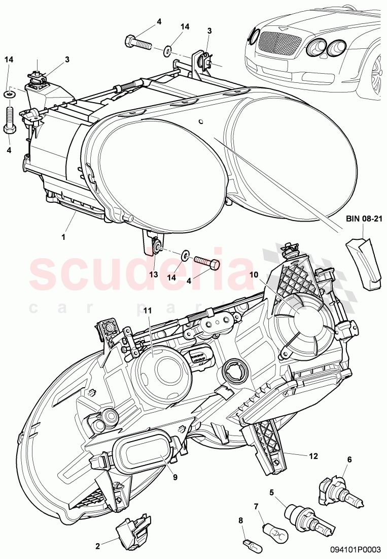 headlamp with gas discharge, bulb, F 3W-9-057 480>>, F ZA-A-062 464>> of Bentley Bentley Continental Flying Spur (2006-2012)