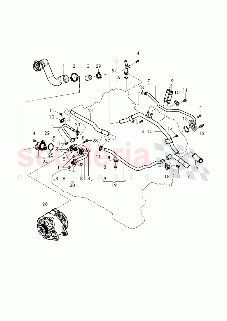 Coolant hoses and pipes, engine, F 3W-F-044 096>>, F ZA-F-044 096>> of Bentley Bentley Continental GTC (2011+)