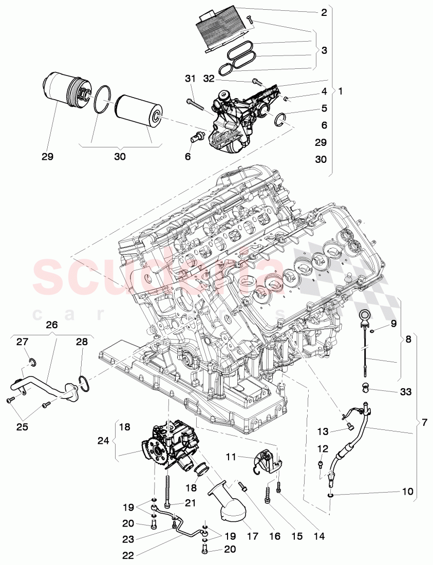 oil pump, oil dipstick with tube, oil filter with flange and oil cooler of Bentley Bentley Continental GTC (2011+)