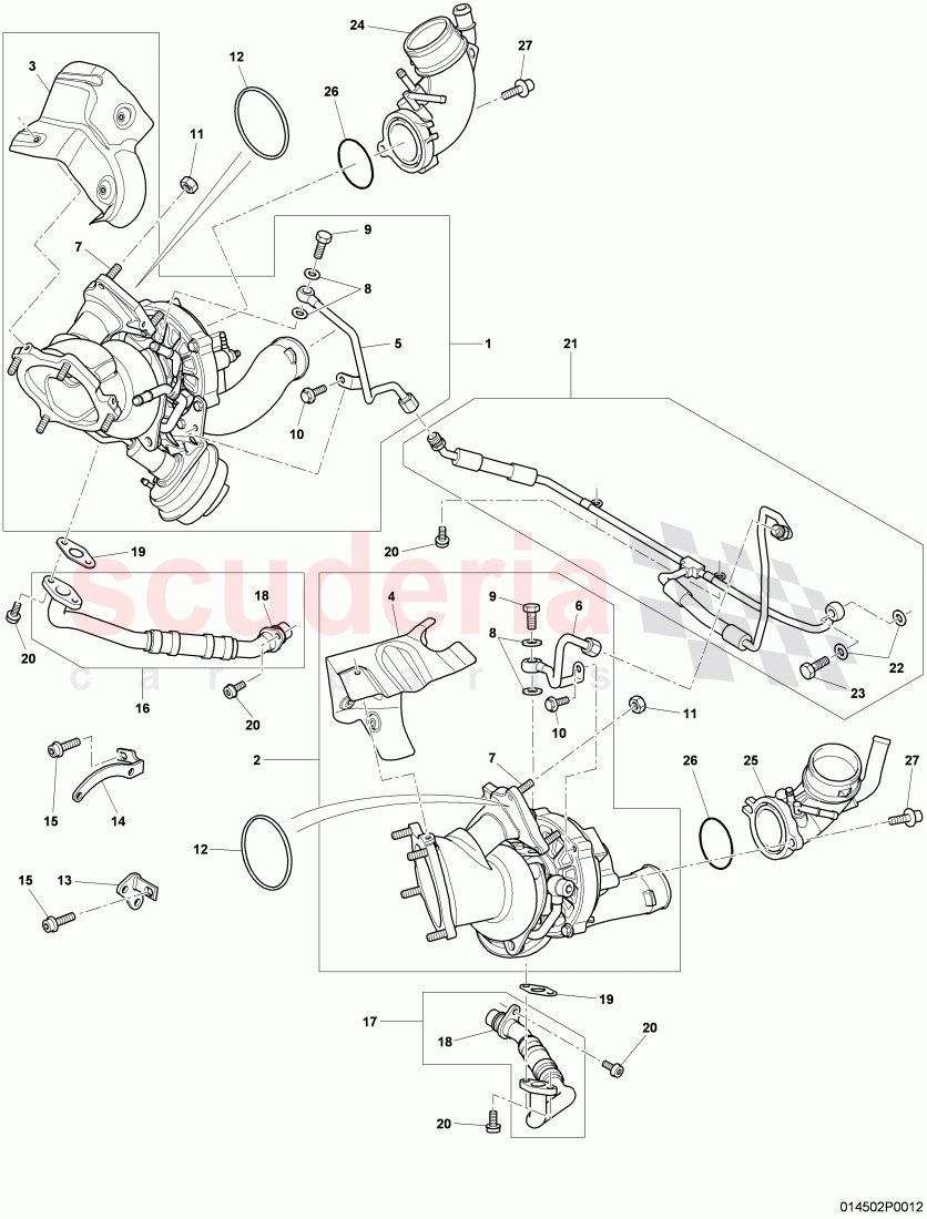 Exhaust gas turbocharger, oil return line, oil pressure line, F 3W-8-051 806>>, F ZA-A-062 461>> of Bentley Bentley Continental GT (2003-2010)