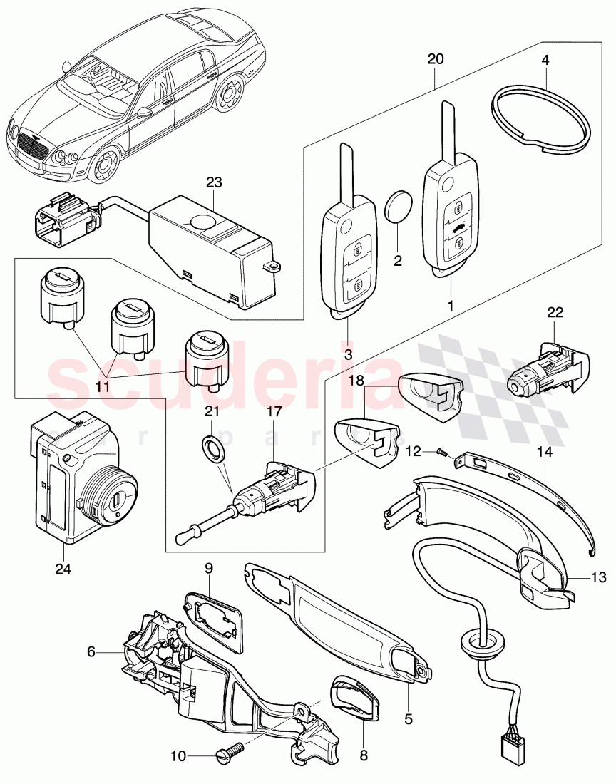 lock with lock cylinder, and keys, door handle, outer, F >> 3W-7-049 992 of Bentley Bentley Continental Flying Spur (2006-2012)