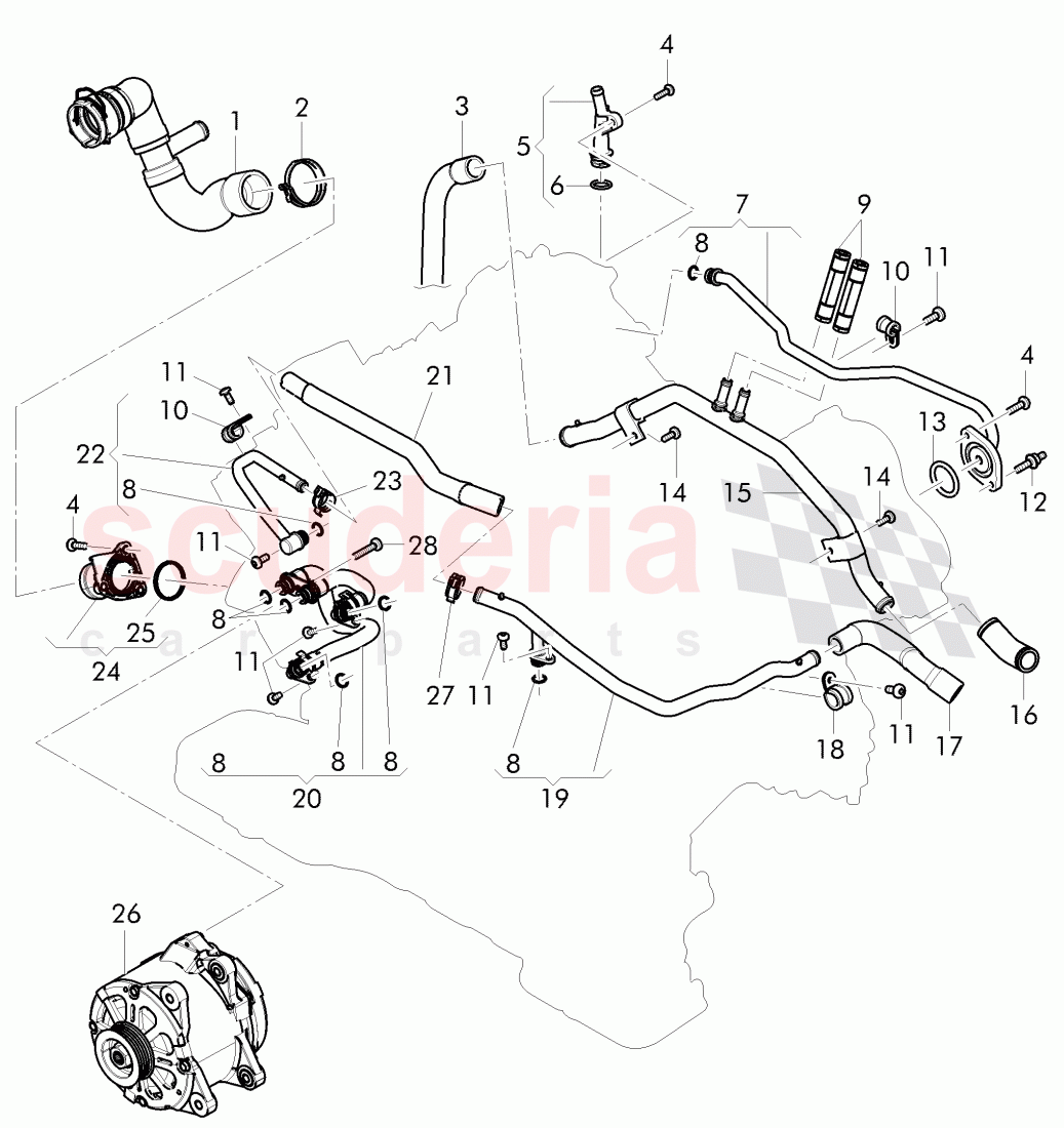 Coolant hoses and pipes, engine, D - MJ 2015>>, F >> 3W-F-044 095, F >> ZA-F-044 095 of Bentley Bentley Continental GT (2011-2018)