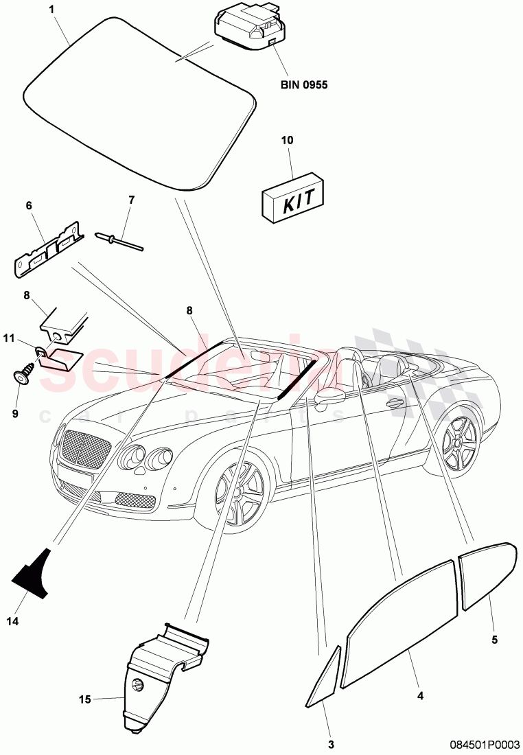 windshield glass, door window, side window of Bentley Bentley Continental GTC (2006-2010)