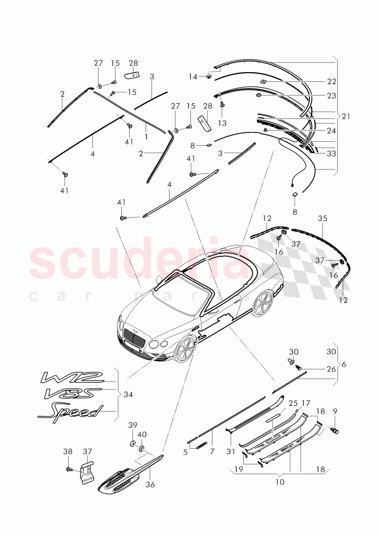 moldings for windshield, door, side and rear window, fender, door and side panels, sill panels, trim strip for bumper, D - MJ 2016>> - MJ 2016 of Bentley Bentley Continental GTC (2011+)