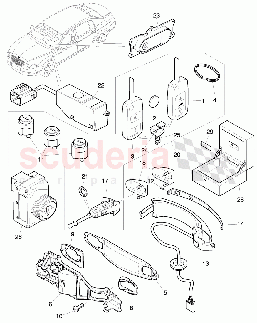 lock with lock cylinder, and keys, door handle, outer, F 3W-7-049 996>>, F ZA-A-062 464>> of Bentley Bentley Continental Flying Spur (2006-2012)