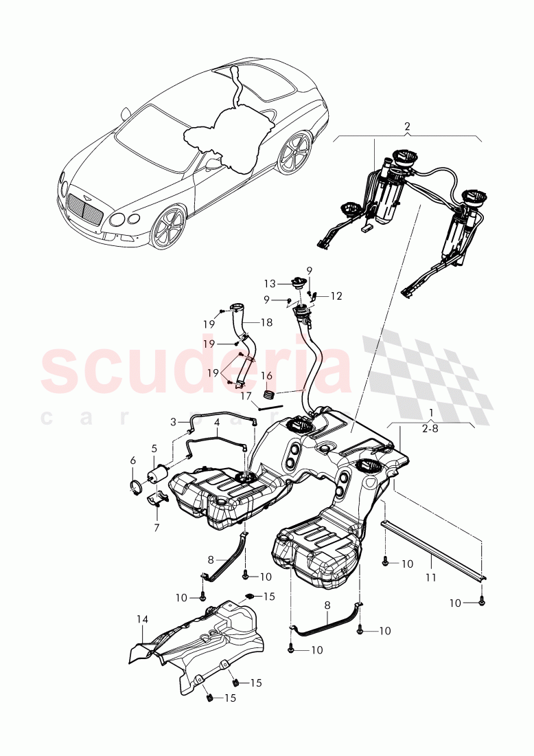 fuel tank with pump fuel gauge, and connecting parts, fuel filter with pressure, regulator, fuel line, D - MJ 2015>> of Bentley Bentley Continental GT (2011-2018)