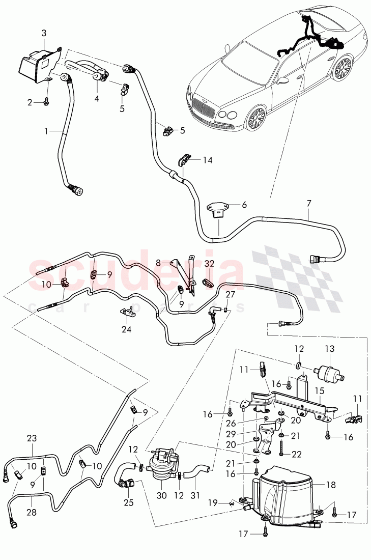 Active charcoal filter with diagnosis pump for fuel delivery system, ventilation for fuel tank of Bentley Bentley Continental Flying Spur (2013+)