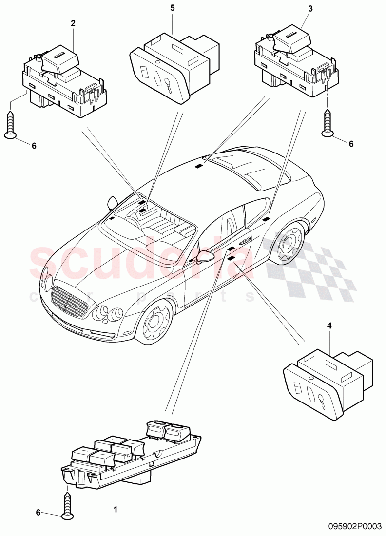 switches in door trim panel, F 3W-6-030 421>>, F ZA-A-062 556>> of Bentley Bentley Continental GT (2003-2010)