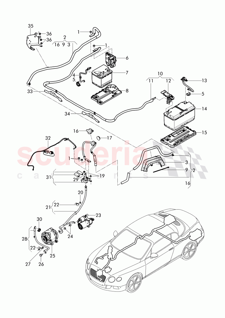 harness for battery +/-, Wire harness for starter and alternator with ground, wire, F 3W-F-041 768>>, F ZA-F-041 768>> of Bentley Bentley Continental GTC (2011+)