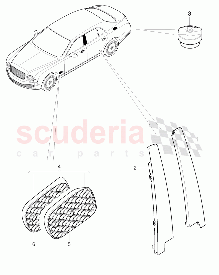 Original Accessories, b-pillar cover plate, cooling air grill, fender, fuel container, cap of Bentley Bentley Mulsanne (2010+)