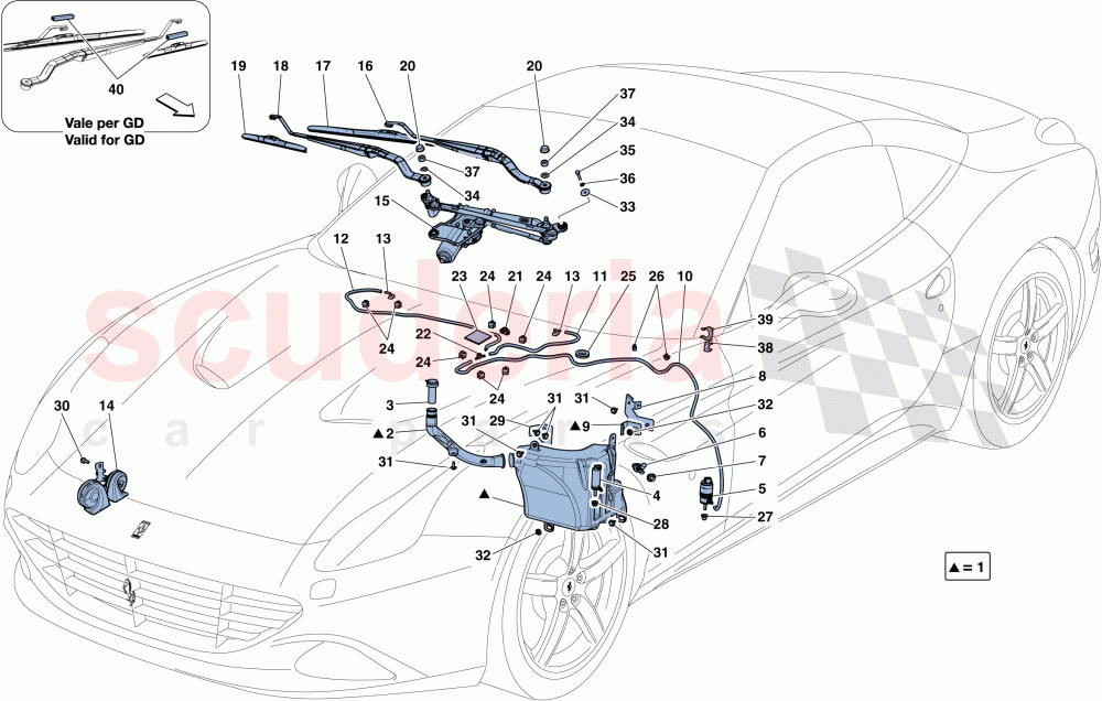 WINDSCREEN WIPER, WINDSCREEN WASHER AND HORNS of Ferrari Ferrari California T