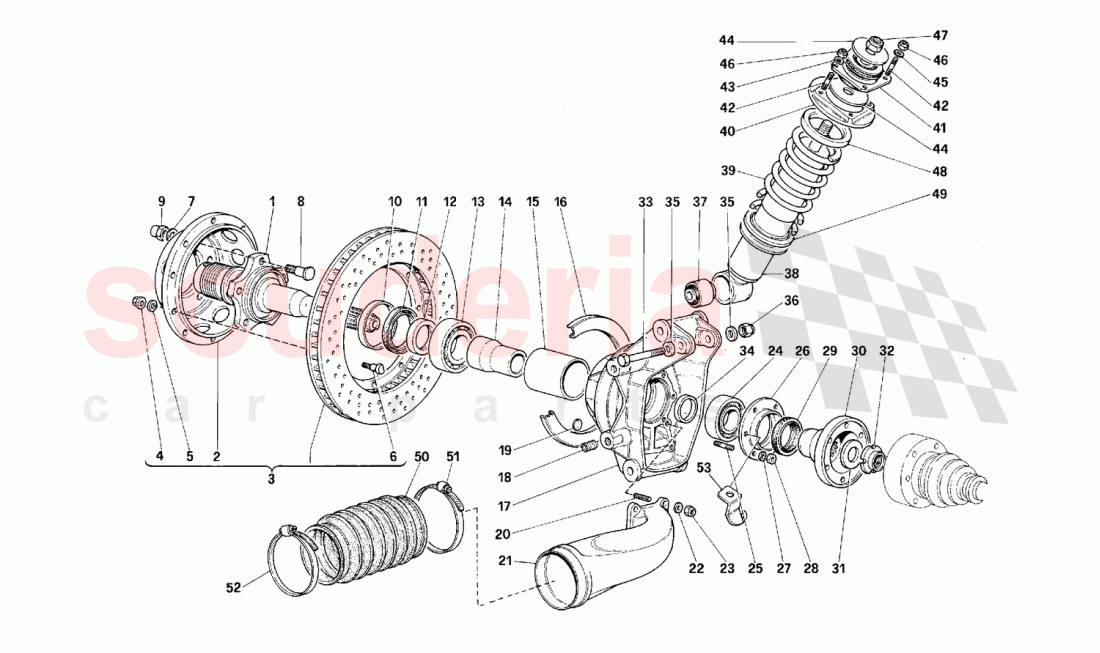 Rear suspension - Shock absorber and brake disc of Ferrari Ferrari F40