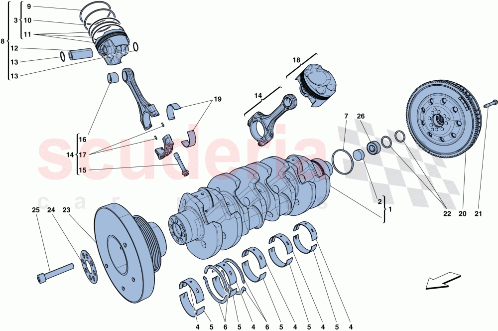 CRANKSHAFT, CONNECTING RODS AND PISTONS of Ferrari Ferrari California T