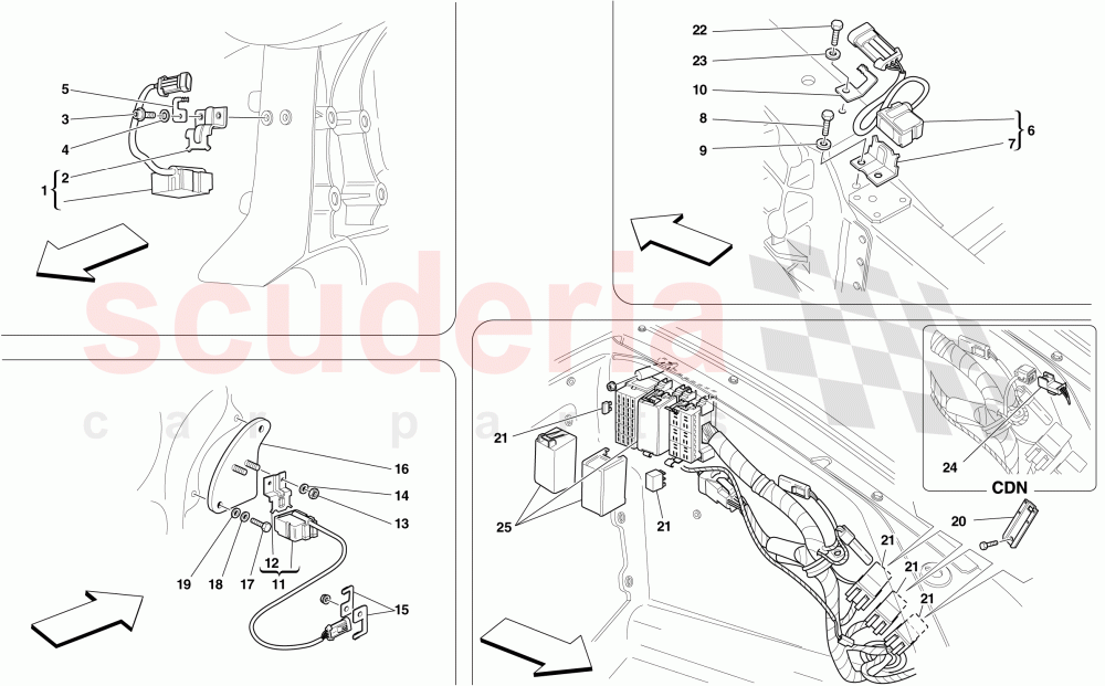 ECUs AND SENSORS IN FRONT COMPARTMENT AND ENGINE COMPARTMENT of Ferrari Ferrari 430 Scuderia Spider 16M