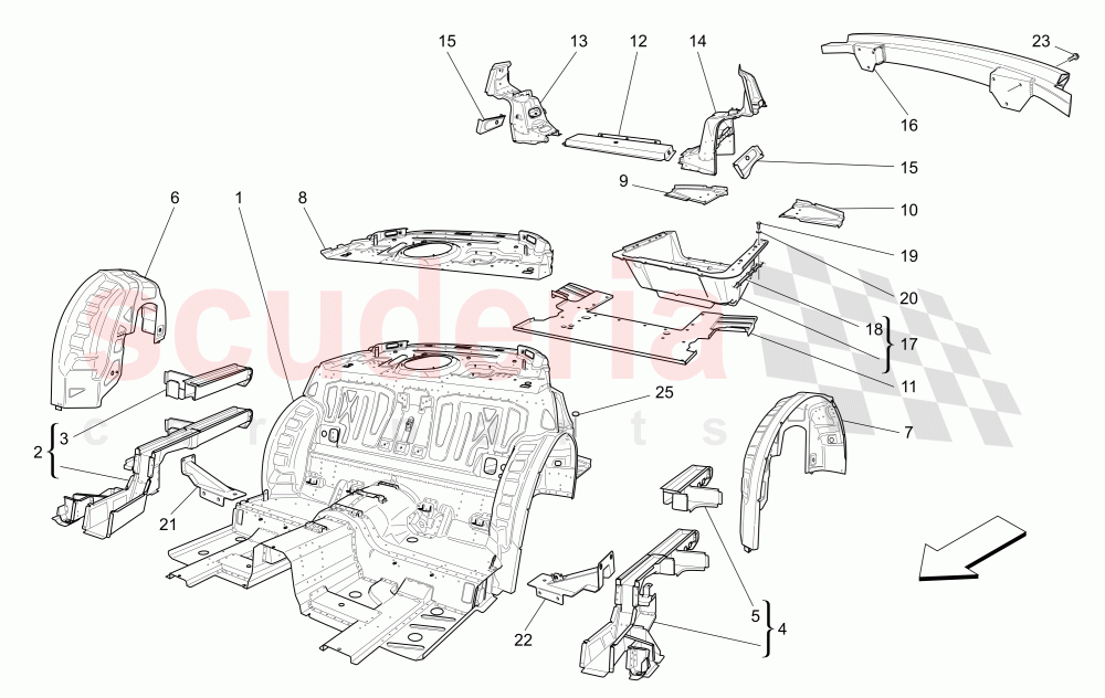 REAR STRUCTURAL FRAMES AND SHEET PANELS of Maserati Maserati GranTurismo (2017+) Sport Auto