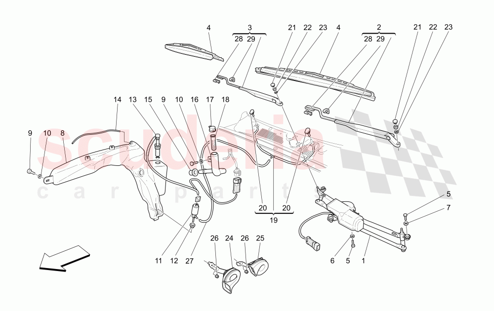 WINDSCREEN WIPER, WINDSCREEN WASHER AND HORNS of Maserati Maserati GranSport Spyder (2005-2007)