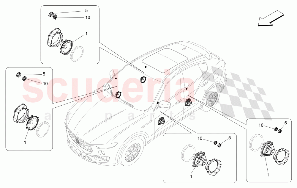 SOUND DIFFUSION SYSTEM (Available with: BASIC SOUND SYSTEM (8 SPEAKERS)Not available with: HIGH PREMIUM SOUND SYSTEM, PREMIUM SOUND SYSTEM) of Maserati Maserati Levante (2017+) Diesel