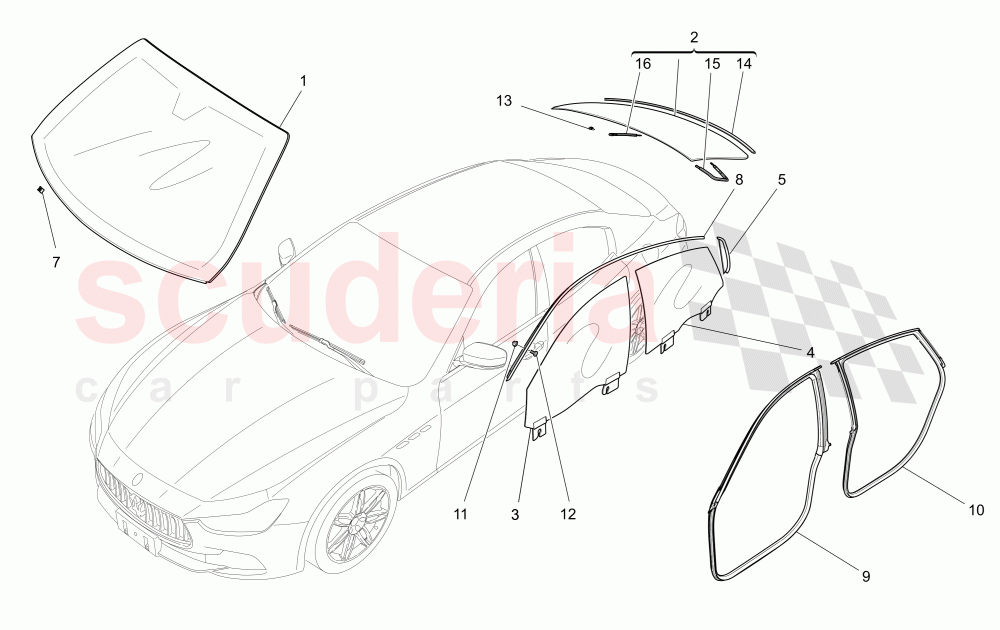 WINDOWS AND WINDOW STRIPS (Not available with: EXTERIOR BLACK KIT FULL (FRONT GRILLE FRAME, DOOR HANDLE, DOOR MIRRORS COVER)) of Maserati Maserati Ghibli (2014-2016)