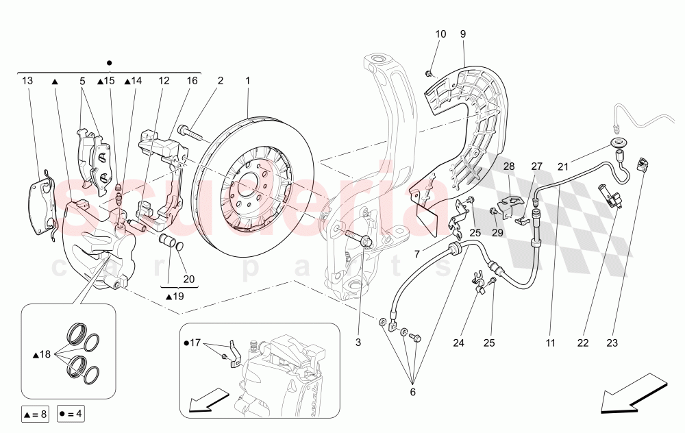 BRAKING DEVICES ON FRONT WHEELS (Available with: Dual Cast Braking System (Front - 345 mm) ; (Rear - 330 mm) - Coloured brake calipersNot available with: DUAL CAST BRAKING SYSTEM) of Maserati Maserati Levante (2017+) Diesel