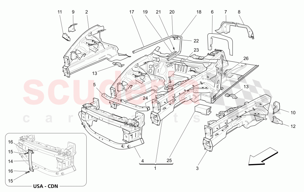 FRONT STRUCTURAL FRAMES AND SHEET PANELS of Maserati Maserati GranCabrio (2016+) MC Centennial