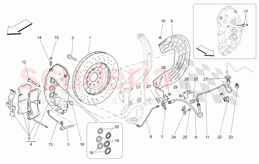 BRAKING DEVICES ON FRONT WHEELS (Available with: DUAL CAST BRAKING SYSTEM (FRONT - 360 MM) CAST-IRON (REAR - 345 MM)Not available with: Dual Cast Braking System (Front - 345 mm) ; (Rear - 330 mm) - Coloured brake calipers, Dual Cast Braking System (Front - 345 mm) ; (Rear - 330 mm)) of Maserati Maserati Ghibli (2017+) S