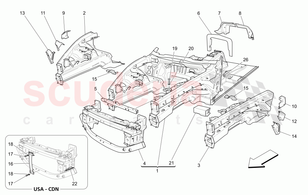 FRONT STRUCTURAL FRAMES AND SHEET PANELS of Maserati Maserati GranTurismo (2017+) Sport Auto