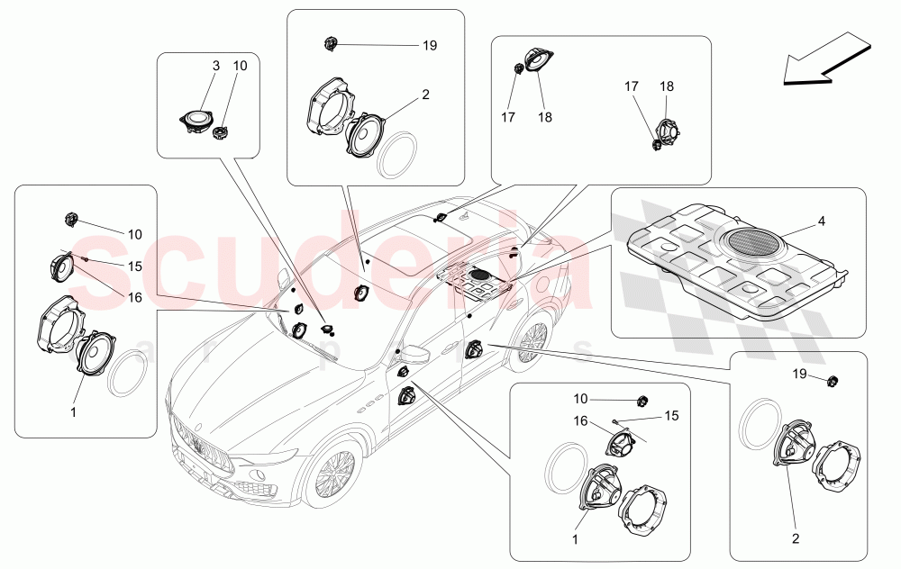 SOUND DIFFUSION SYSTEM (Available with: HIGH PREMIUM SOUND SYSTEMNot available with: BASIC SOUND SYSTEM (8 SPEAKERS), PREMIUM SOUND SYSTEM) of Maserati Maserati Levante (2017+) S