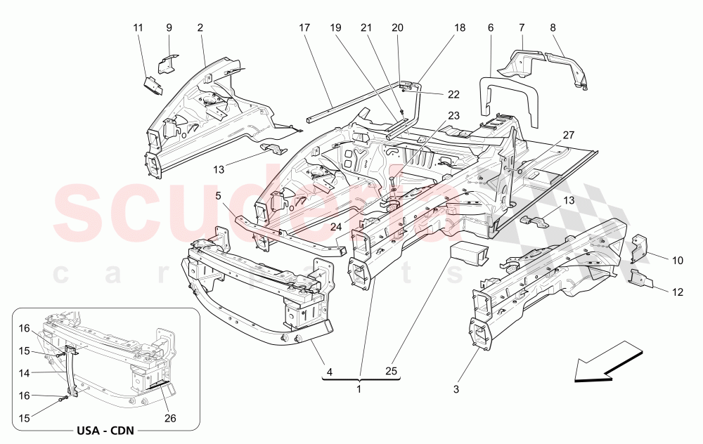 FRONT STRUCTURAL FRAMES AND SHEET PANELS of Maserati Maserati GranCabrio (2013+) Sport